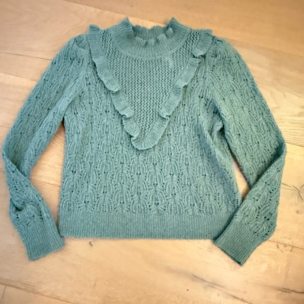 Veronica Beard Green Ruffled Knit Sweater